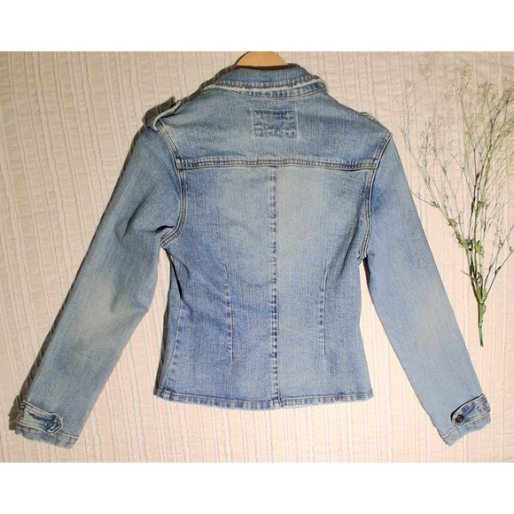 Y2k STAR Light Wash Denim Jacket Women's Button Front Military Style Jean Coat - Picture 6 of 17